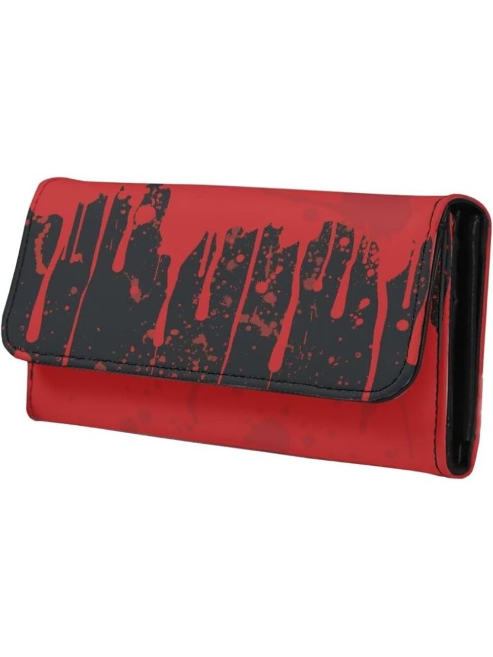 🎃Women's Red Bloody Drops Purse Black Leather Slim Wallet Long Trifold Purse